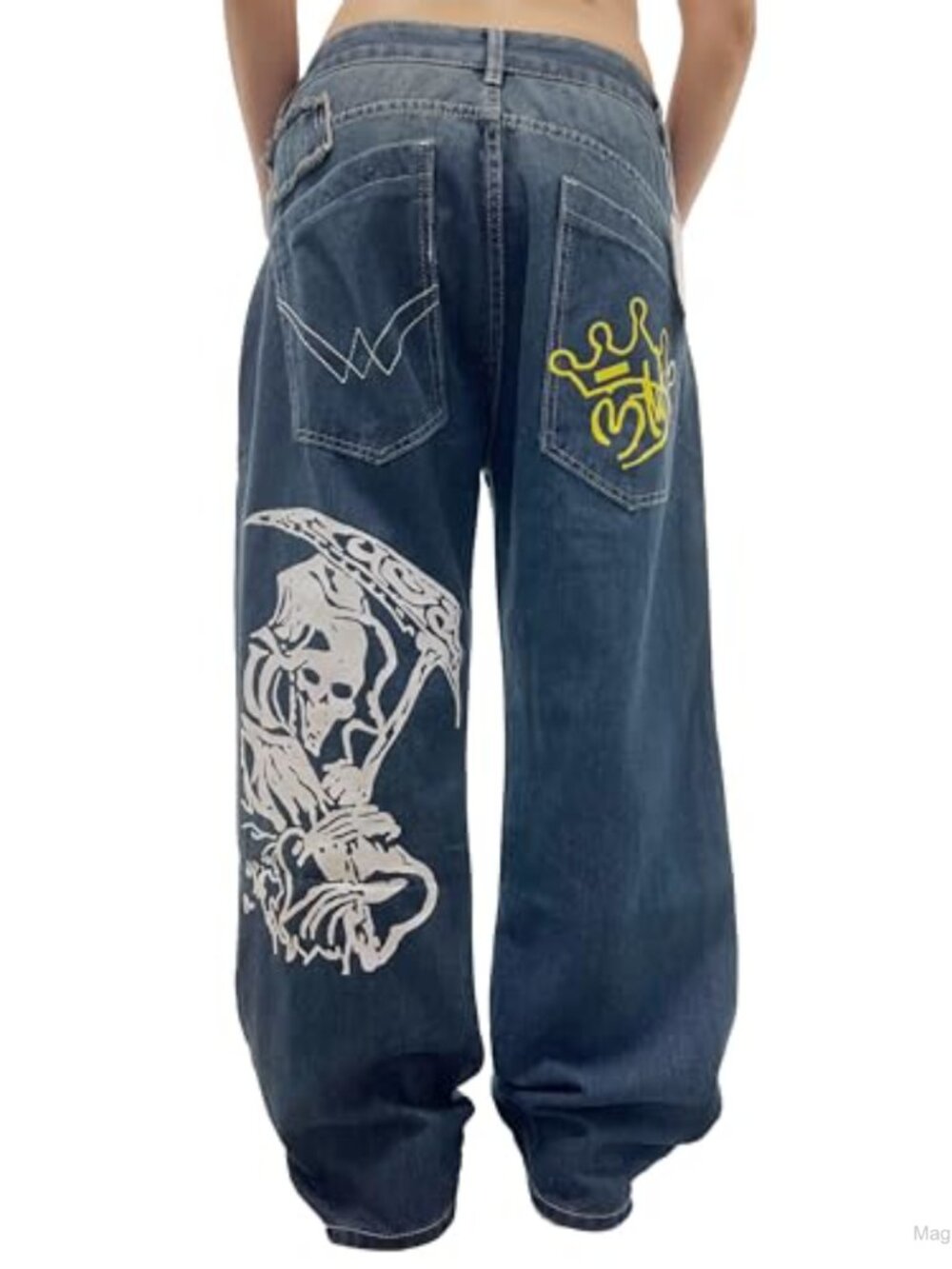 Y2K Gothic Skeleton Print Baggy Wide Leg Jeans Cotton Denim Streetwear
